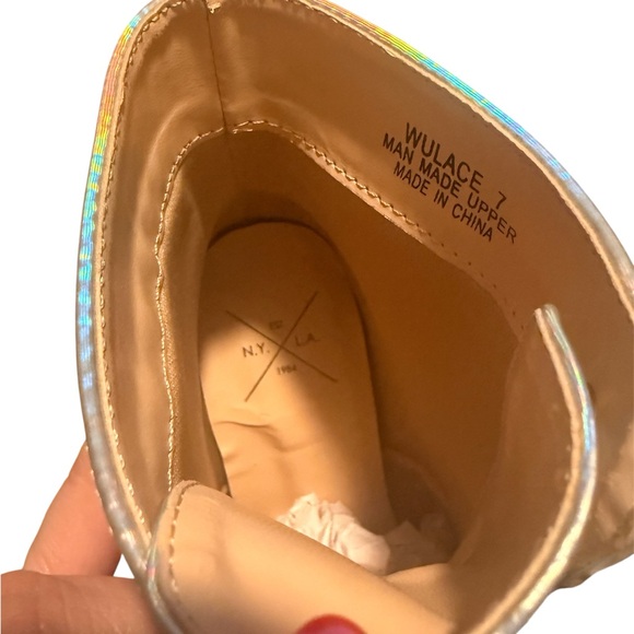 Dolls Kill N.Y. L.A. Holographic Platform Lace-Up Heeled Boots - Iridescent - Picture 6 of 7